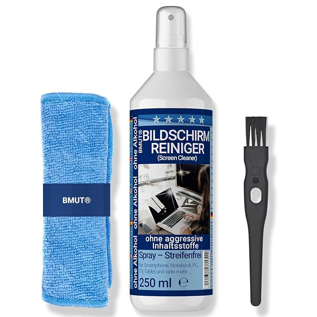Conjunto de limpieza de pantallas BMUT con spray, paño de microfibra y cepillo