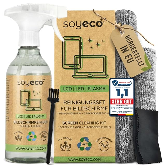 Conjunto de limpieza de pantallas SOYECO ECO con botella de 500 ml, dos paños y cepillo